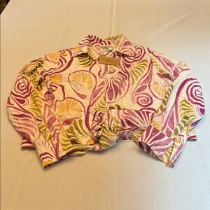 Christian Siriano Crop Top Front Tie Maroon/Yellow/Green Long Sleeve Shirt